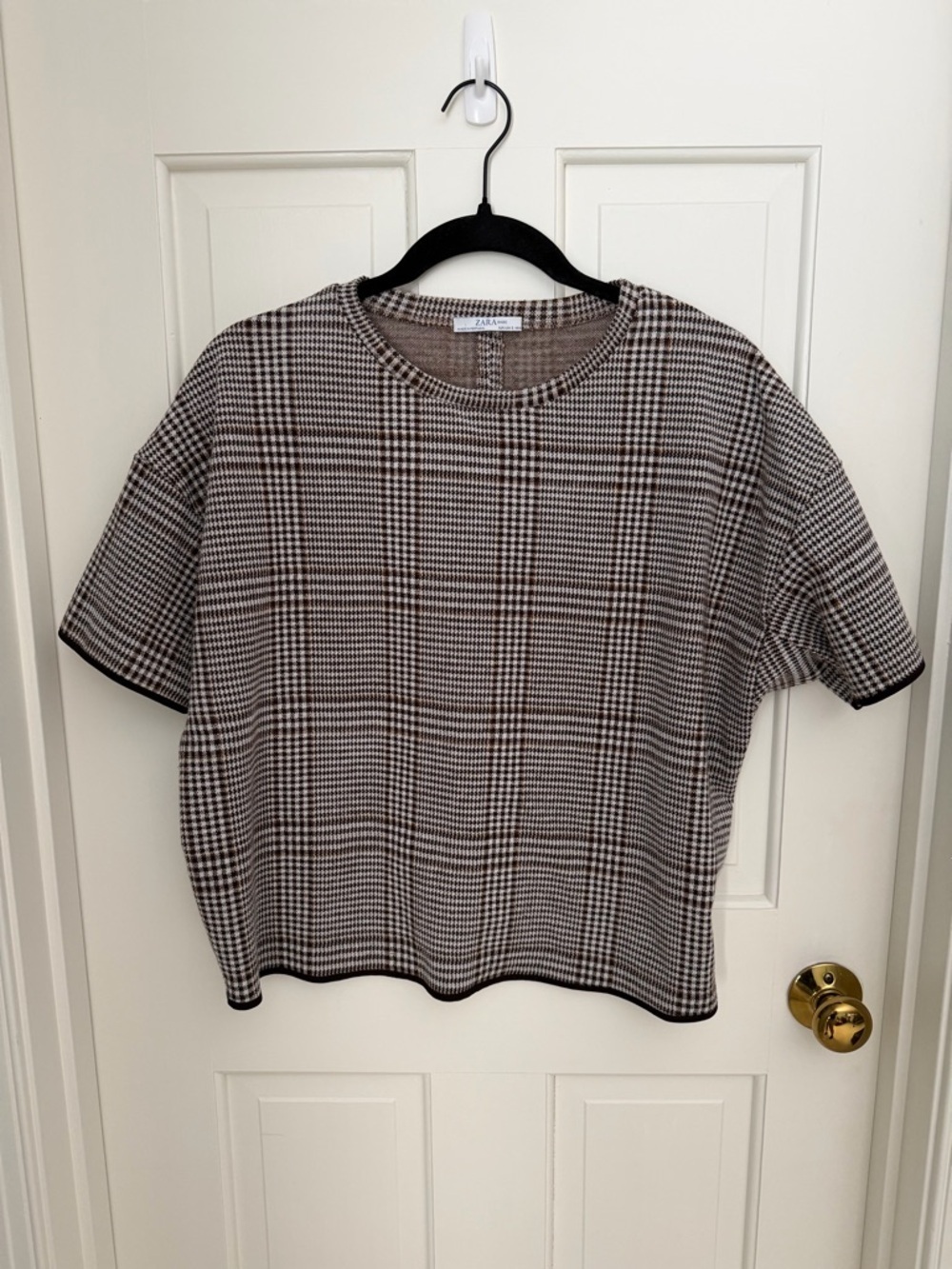 Zara Short-Sleeve Brown & Cream Plaid top